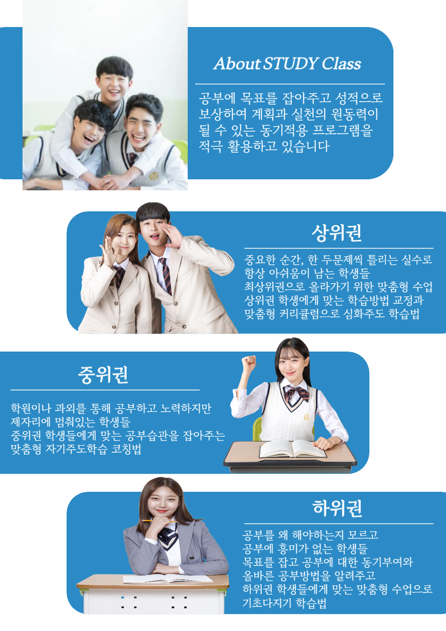 상위권, 중위권, 하위권 학생에게 맞춘 윤스터디 수업 관리 안내 이미지 상위권, 중위권, 하위권 학생에게 맞춘 윤스터디 수업 관리 안내 이미지